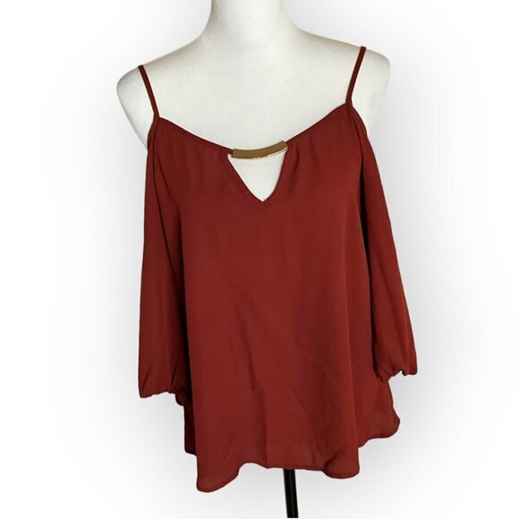 MERAKI Cold Shoulder Blouse Chiffon 3/4 Sleeve Cinnamon Color Size Small - Picture 1 of 10